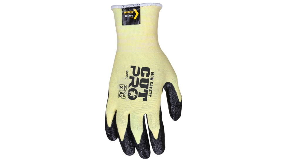MCR Safety Cut Pro 15 Gauge Stretch Kevlar Shell Cut Resistant Work Gloves, Textured Nitrile Coated Palm and Fingertips, Black/Yellow, XX - Large, 9693XXL