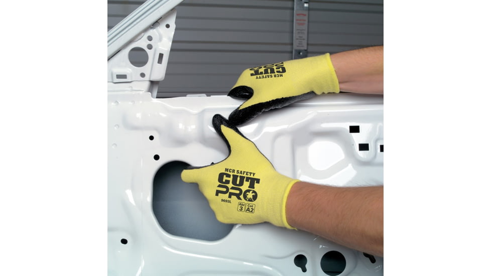 MCR Safety Cut Pro 15 Gauge Stretch Kevlar Shell Cut Resistant Work Gloves, Textured Nitrile Coated Palm and Fingertips, Black/Yellow, XX - Large, 9693XXL