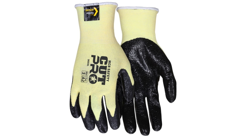 MCR Safety Cut Pro 15 Gauge Stretch Kevlar Shell Cut Resistant Work Gloves, Textured Nitrile Coated Palm and Fingertips, Black/Yellow, XX - Large, 9693XXL