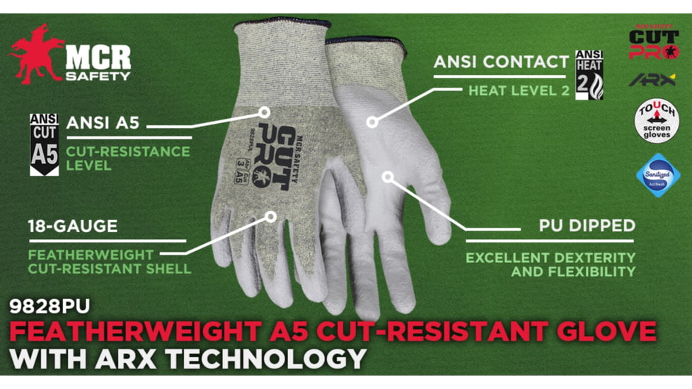 MCR Safety Cut Pro 18 Gauge ARX Aramid Shell Cut, Abrasion and Puncture Resistant Work Gloves, PU Coated Palm and Fingertips, Gray/Green, Medium, 9828PUM