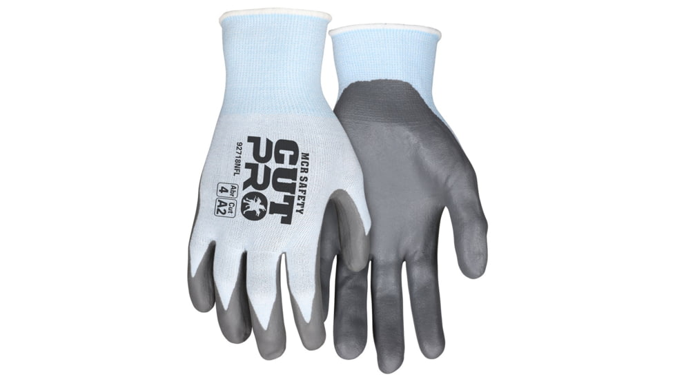 MCR Safety Cut Pro 18 Gauge Hypermax Shell Cut, Abrasion and Puncture Resistant Work Gloves, Nitrile Foam Coated Palm and Fingertips, Gray/Blue, X - Small, 92718NFXS