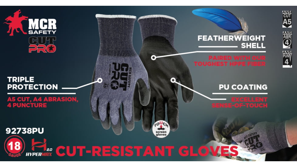 MCR Safety Cut Pro 18 Gauge Hypermax Shell Cut, Abrasion and Puncture Resistant Work Gloves, PU Coated Palm and Fingertips, Black/Blue, XX - Large, 92738PUXXL