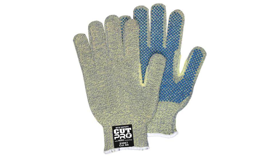 MCR Safety Cut Pro Hero 7 Gauge Regular Weight Shell, ARX Aramid Fibers, PVC Palm Dotted Cut Resistant Work Gloves, Blue/Green, Medium, 93867M