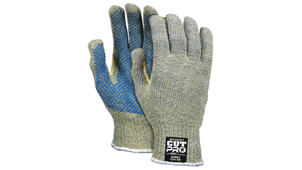 MCR Safety Cut Pro Hero 7 Gauge Regular Weight Shell, ARX Aramid Fibers, PVC Palm Dotted Cut Resistant Work Gloves, Blue/Green, Medium, 93867M