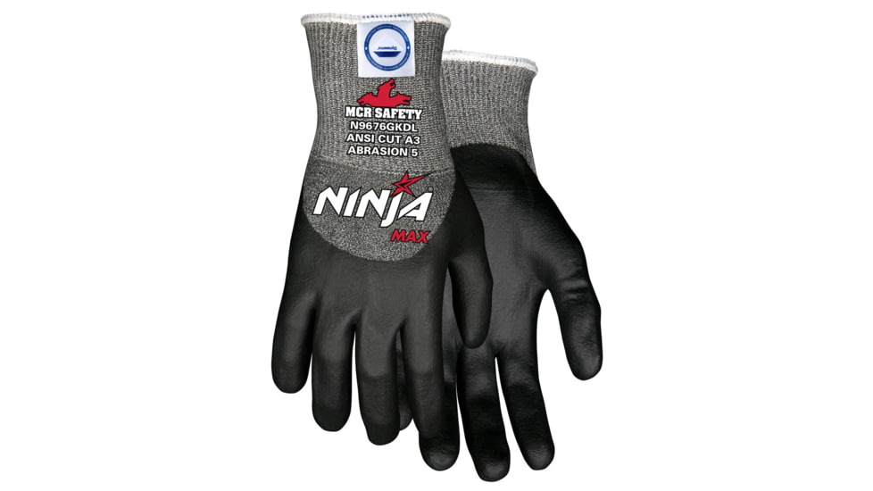 MCR Safety Cut Pro Ninja Max Cut Resistant Work Gloves, Bi-Polymer Coated Palm, Fingertips, and Over the Knuckles, Black/Gray, Large, N9676GKDL
