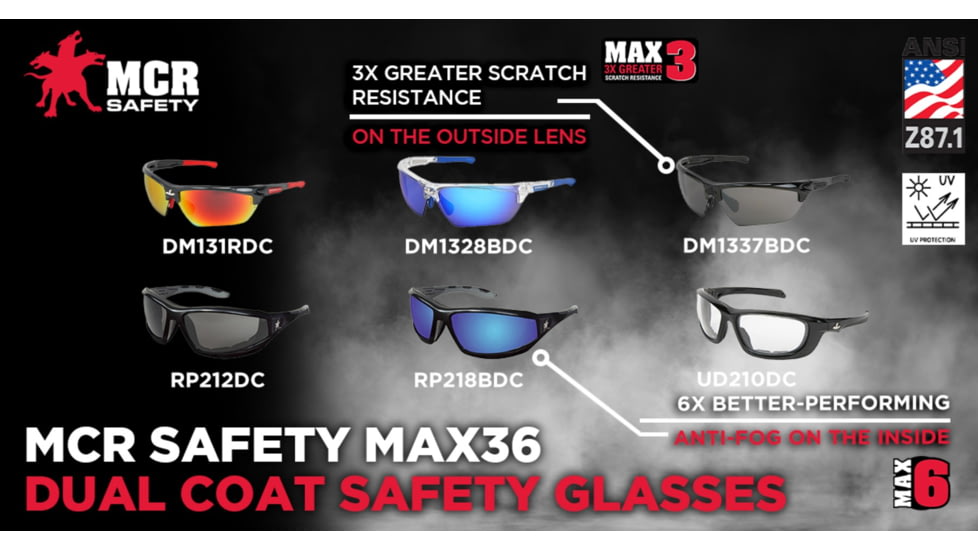 MCR Safety Dominator DM3 Series Safety Glasses, MAX36 Anti-Fog Lenses, Adjustable Wire Core Temples and Nose Piece, Blue Diamond Mirror, One Size, DM1328BDC