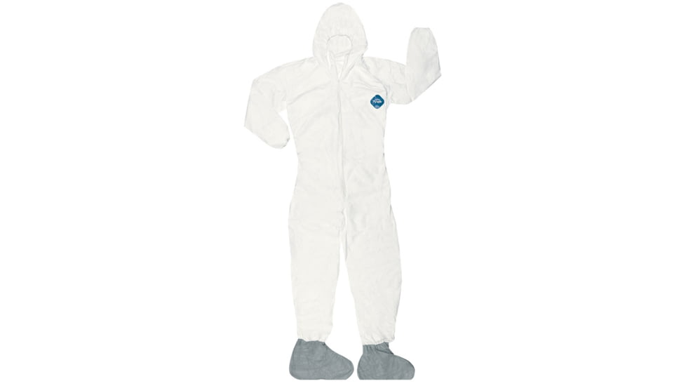 MCR Safety DuPont Tyvek Coverall, Zipper Front, Elastic Sleeves and Ankles, Hood &amp; Boots, White, XL, TY122SXL