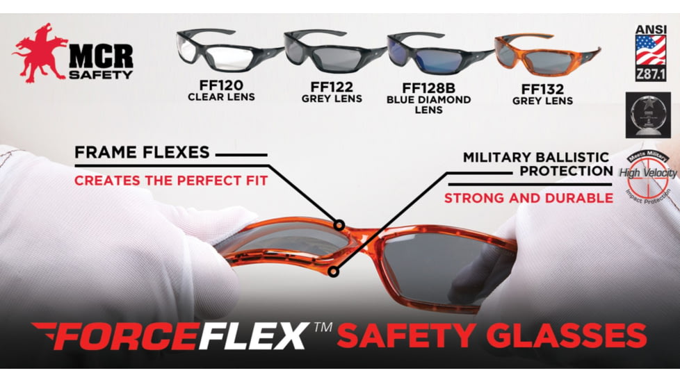 MCR Safety FF132 ForceFlex FF1 Series Safety Glasses, Lenses Molded Into Flexible TPU Frame, Gray, One Size, FF132