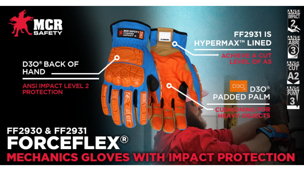 MCR Safety ForceFlex Mechanics Gloves, D3O Back of Hand and Padded Palm, Two-way Spandex Back, MaxGrid Reinforced Palm, Tan, XX - Large, FF2930XXL