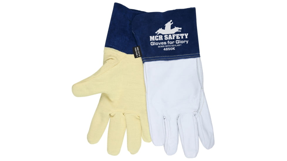 MCR Safety Gloves For Glory Leather Welding Work Gloves, Kevlar Lined, Premium Grain Goatskin Leather, 4.5in Split Cowskin Leather Cuff, White and Blue, Small, 4850KS