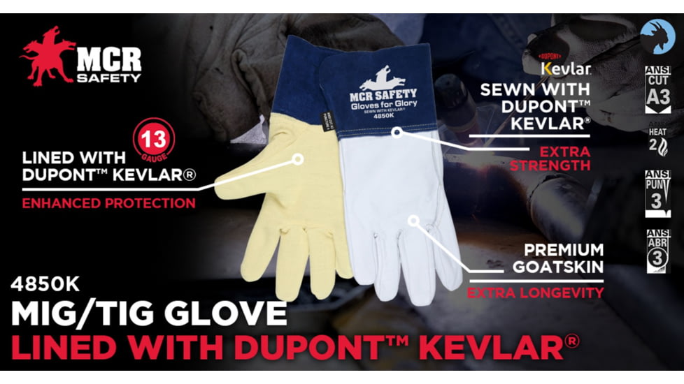 MCR Safety Gloves For Glory Leather Welding Work Gloves, Kevlar Lined, Premium Grain Goatskin Leather, 4.5in Split Cowskin Leather Cuff, White and Blue, Small, 4850KS