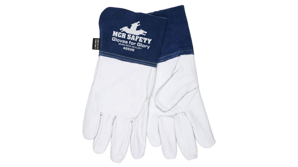 MCR Safety Gloves For Glory Leather Welding Work Gloves, Kevlar Lined, Premium Grain Goatskin Leather, 4.5in Split Cowskin Leather Cuff, White and Blue, Large, Each, 1, 4850KL-EA