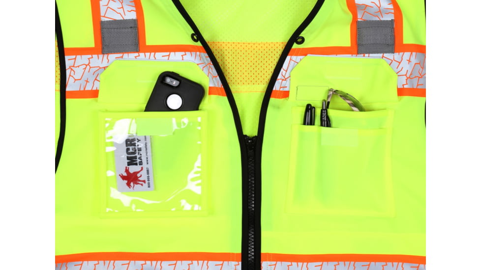 MCR Safety Hi Vis Reflective Safety Vest, ANSI 107 Type R Class 2, 3in Silver Reflective, Zipper Front Closure, Back Plan Pocket, Solid Front Mesh Back, Fluorescent Lime, XL, PSURVCL2LSXL