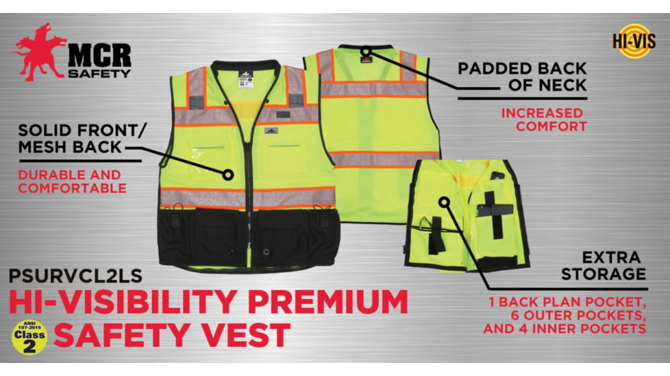 MCR Safety Hi Vis Reflective Safety Vest, ANSI 107 Type R Class 2, 3in Silver Reflective, Zipper Front Closure, Back Plan Pocket, Solid Front Mesh Back, Fluorescent Lime, XL, PSURVCL2LSXL