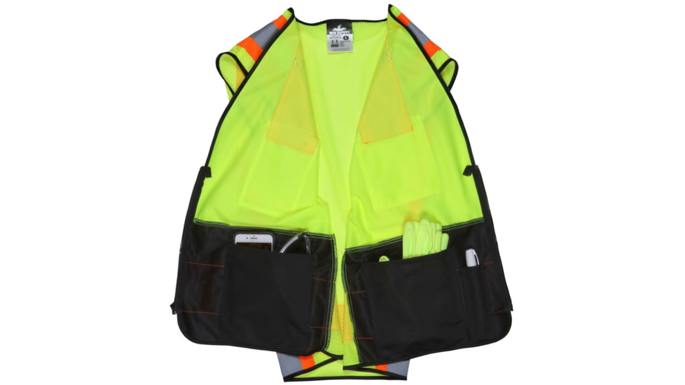 MCR Safety Hi Vis Reflective Safety Vest, ANSI Type R Class 2, 4in Silver Stripes, Zipper Front Closure, Fluorescent Lime, 5X, WCCL2MLSZX5