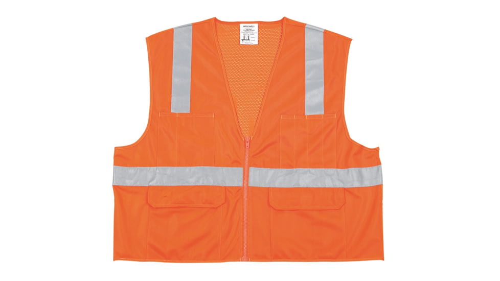 MCR Safety Hi Vis Reflective Safety Vest, ANSI Type R Class 2, Mesh Back with Solid Front, Zipper Front, 2in Silver Stripes, Fluorescent Orange, L, CL2OCL