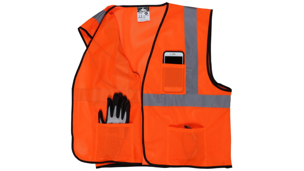 MCR Safety Hi Vis Reflective Safety Vest, ANSI Type R Class 2, Mesh with 2in Silver Stripes, Hook and Loop Front Closure, Fluorescent Orange, XL, VCL2MOXL