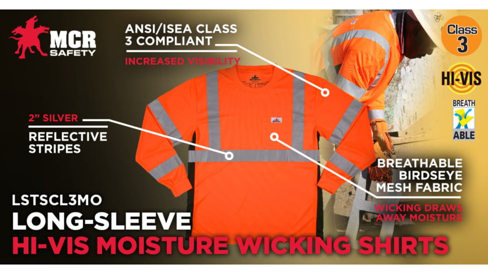 MCR Safety Hi Vis Safety Work T-Shirts, Soft Poly Birdseye Mesh, Long Sleeve and Tagless Design, ANSI 107 Type R Class 3, Fluorescent Orange, 3X, LSTSCL3MOX3
