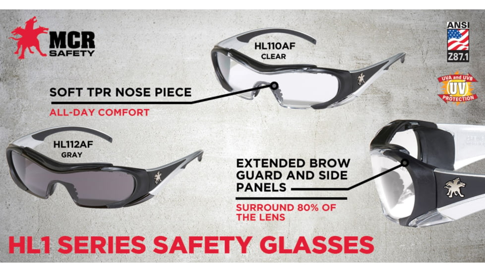 MCR Safety HL1 Series Safety Glasses, Anti-Fog Lens, Non-Slip TPR Temples and Nose Piece, Extended Brow Guard, Clear, One Size, HL110AF