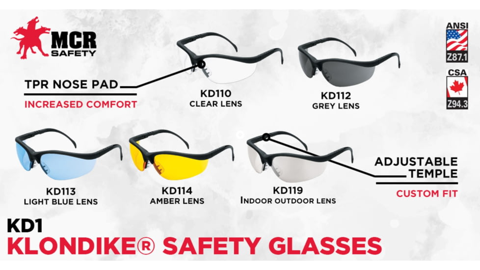 MCR Safety KD110 Klondike KD1 Series Safety Glasses, Adjustable Temple Length, Clear, One Size, KD110