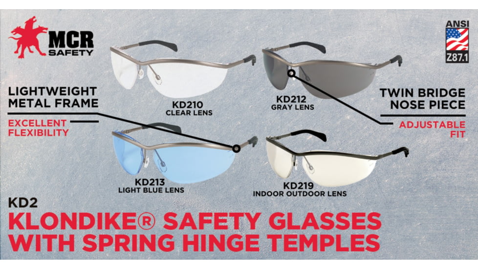MCR Safety Klondike KD2 Series Safety Glasses, Lightweight Metal Frame, Adjustable Nose Pads, Clear, One Size, KD210