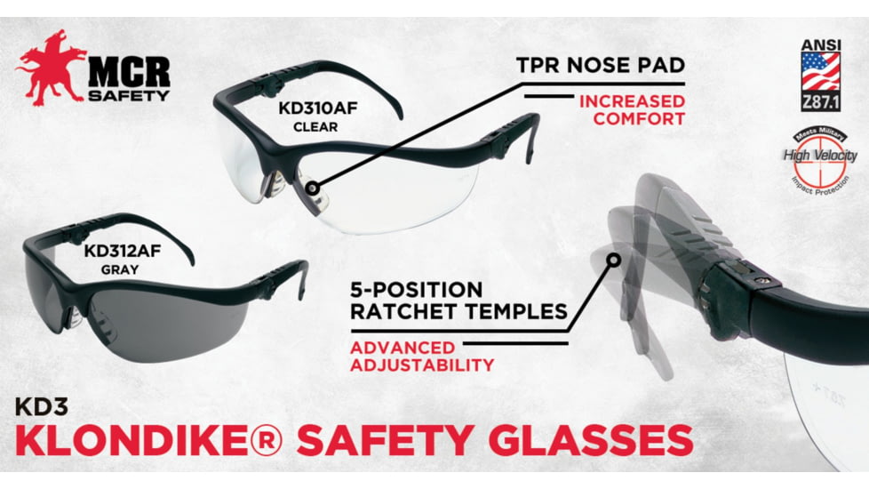 MCR Safety Klondike KD3 Series Safety Glasses, Anti-Fog Lenses, Soft and Secure TPR Nose Piece, Gray, One Size, KD312AF