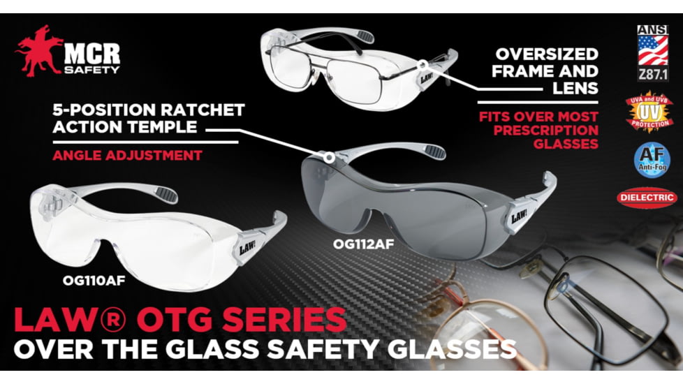 MCR Safety Law OTG Over the Glass Safety Glasses, Anti-Fog Lens with Temples, TPR Temple Inserts, Gray, One Size, OG112AF