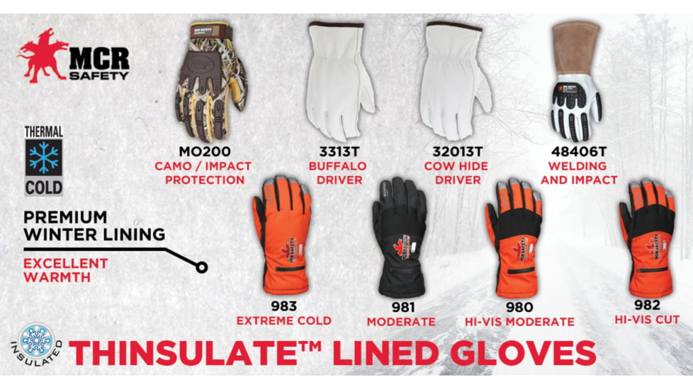 MCR Safety Insulated Mechanics Gloves, 200 gram Thinsulate Lining, MAXGrid Material Palm, Inner Elastic Snow and Ice Cuff, Black/Hi-Vis Orange, X - Large, 983XL