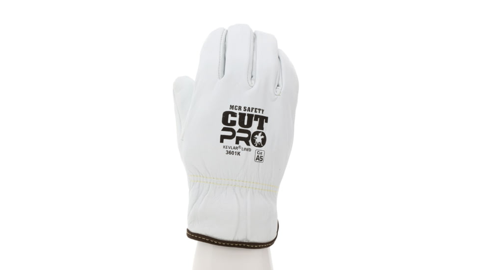 MCR Safety Leather Drivers Work Glove, Premium Grade Grain Goatskin, DuPont Kevlar/Synthetic Lined, Cut Resistant, White, Large, 3601KL