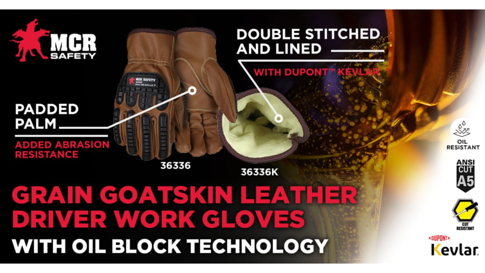 MCR Safety Leather Drivers Work Gloves, Kevlar Lined with TPR Back of Hand Protection, Keystone Thumb, Brown, X - Large, 36336KXL