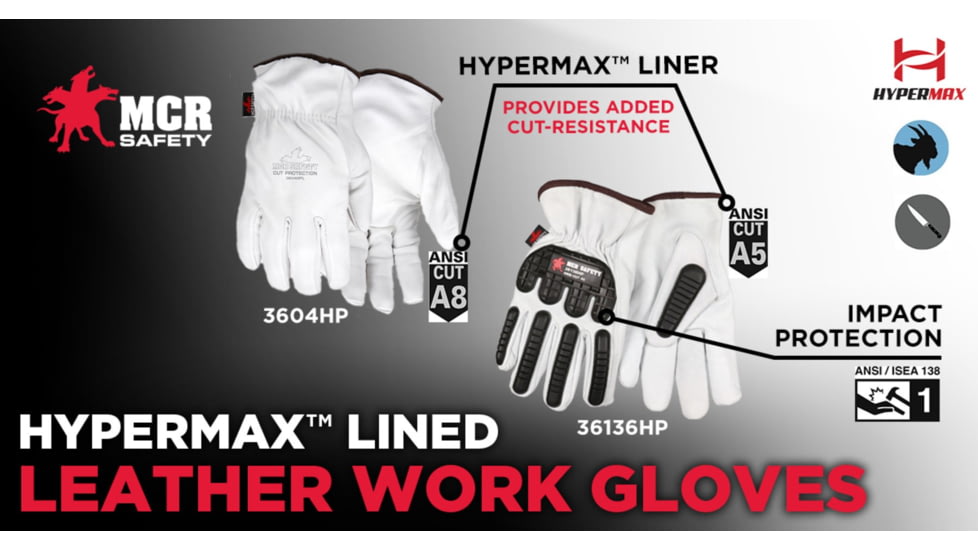 MCR Safety Leather Drivers Work Gloves, Premium Goatskin Leather, Lined with HyperMax Cut Resistant Material, Wing Thumb, White, Medium, 3604HPM