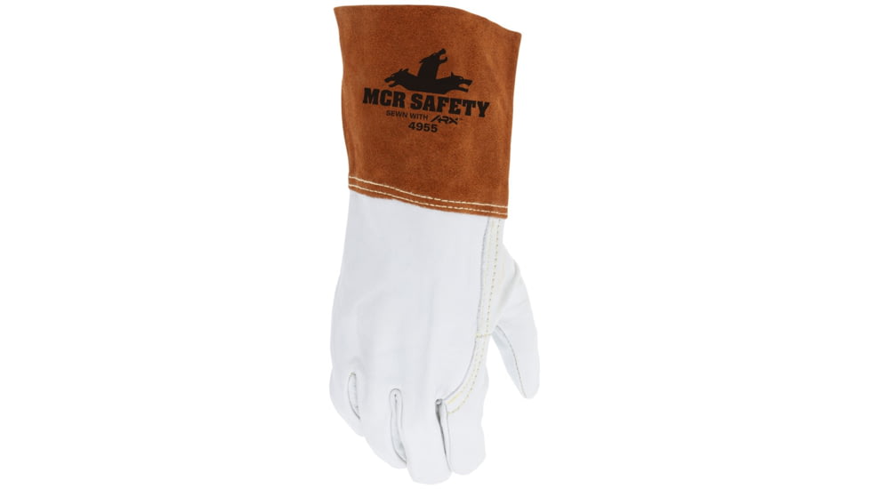 MCR Safety Leather Welding Work Gloves, Competitive Value Top Cow Grain Leather, 4in Split Leather Gauntlet Cuff, Sewn with ARX Cut Resistant Thread, Beige and Russet, Large, 4955L