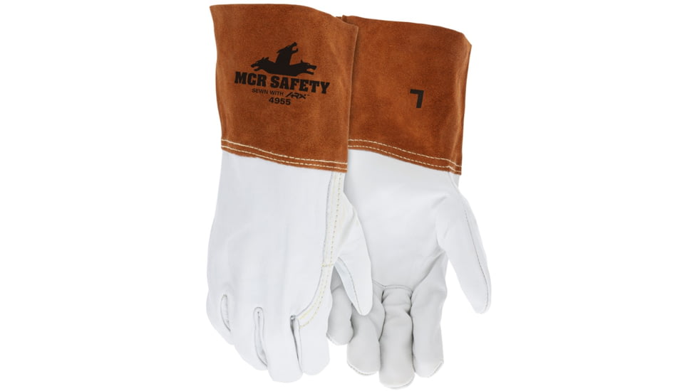 MCR Safety Leather Welding Work Gloves, Competitive Value Top Cow Grain Leather, 4in Split Leather Gauntlet Cuff, Sewn with ARX Cut Resistant Thread, Beige and Russet, Large, 4955L