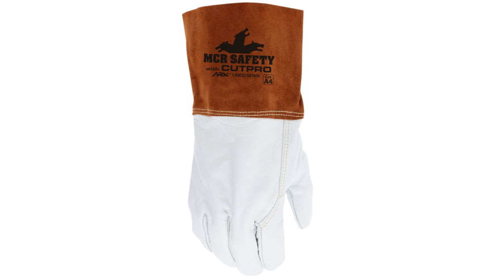 MCR Safety Leather Welding Work Gloves, Cow Grain Leather, 4in Split Leather Bell Cuff, Lined and Sewn with ARX Cut Resistant Material, Beige and Russet, Large, 4955HL
