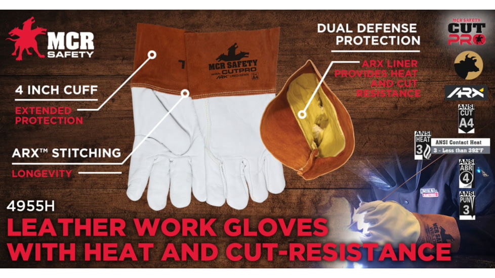 MCR Safety Leather Welding Work Gloves, Cow Grain Leather, 4in Split Leather Bell Cuff, Lined and Sewn with ARX Cut Resistant Material, Beige and Russet, Large, 4955HL