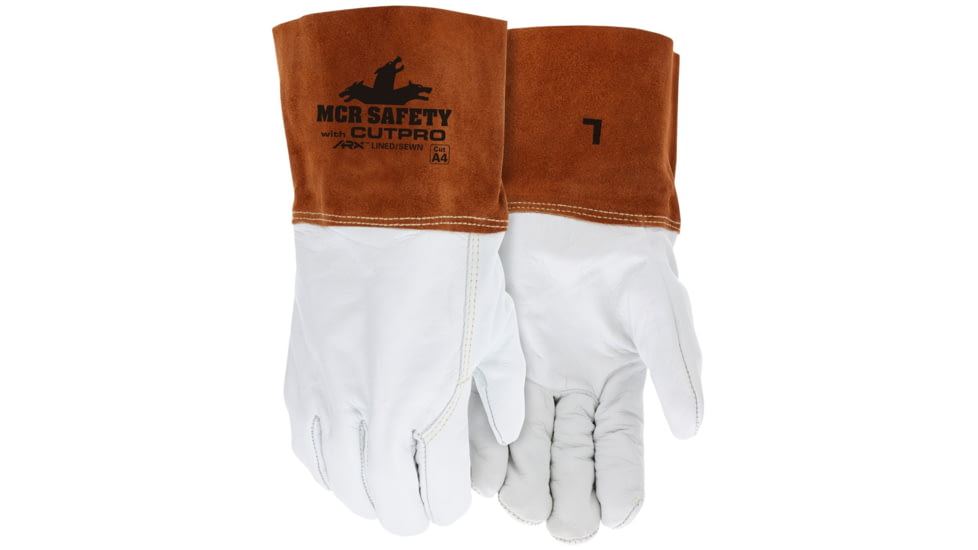 MCR Safety Leather Welding Work Gloves, Cow Grain Leather, 4in Split Leather Bell Cuff, Lined and Sewn with ARX Cut Resistant Material, Beige and Russet, Large, 4955HL