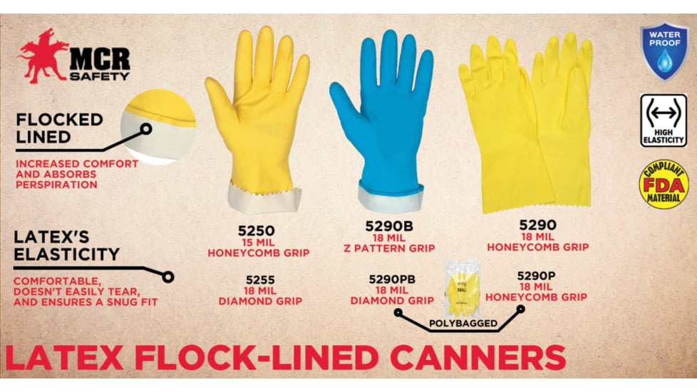 MCR Safety Long Flock Lined Rubber Latex Gloves, 15 mil Thickness, 12in Length, Industry Standard Grade, Yellow, Medium, 5250M