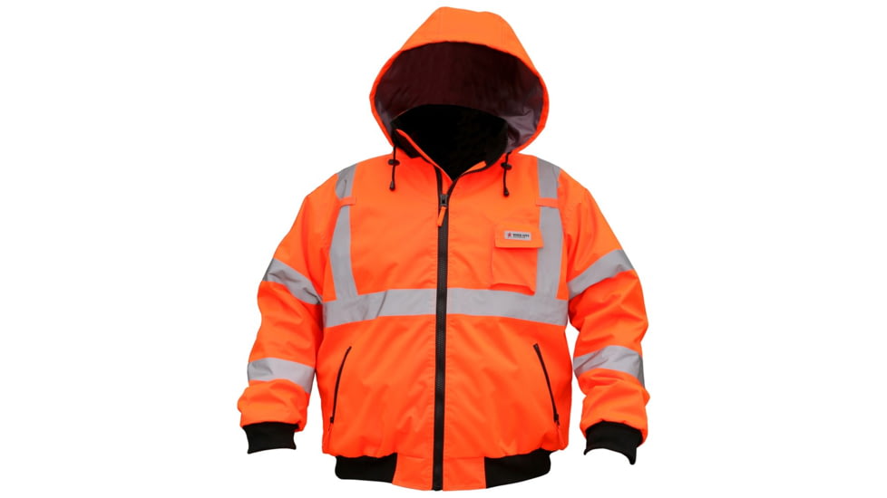 MCR Safety Luminator 2-in-1 Bomber Jacket with Removable Zip Out Fleece Liner, PU/Cotton Poly,ANSI Class 3, Attached Hide-Away Hood, Fluorescent Orange, L, BP2CL3OL