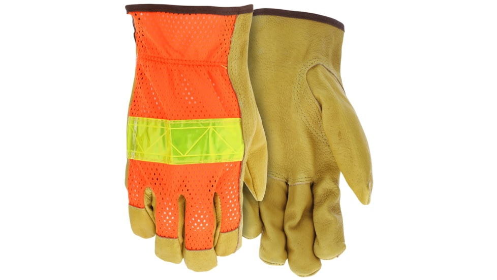MCR Safety Luminator Hi-Vis Leather Drivers Work Gloves, Premium Grade Grain Pigskin with Mesh Back, Reflective Stripe, Beige, Large, 34111L