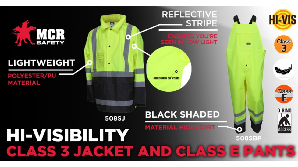 MCR Safety Luminator Hi Vis Lightweight Rain Pants, Poly/PU, High Bib Pocket and Full Elastic Suspenders, ANSI 107 Class E, Fluorescent Lime, L, 508SBPL