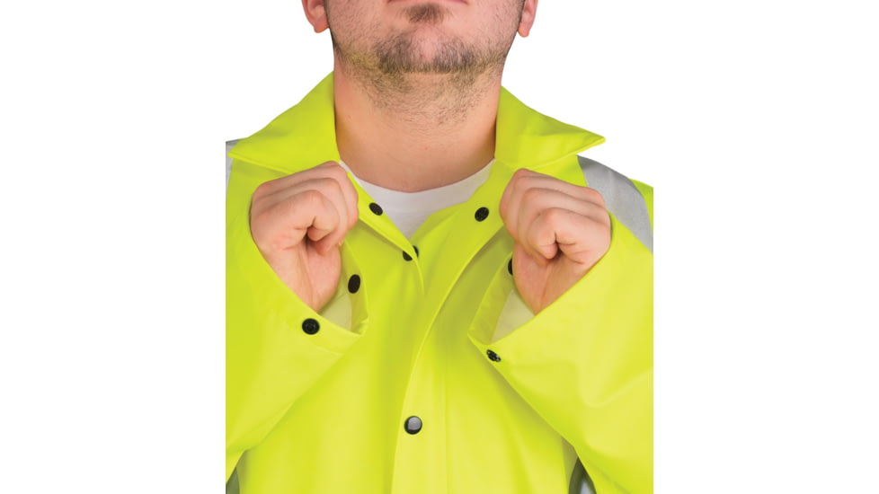 MCR Safety Luminator Hi Vis Long Waterproof Raincoat with Silver Reflective Stripes, .40mm PU/Cotton Poly, Blend Stretch, ANSI 107 Type R Class 3, Fluorescent Lime, XL, 518CXL