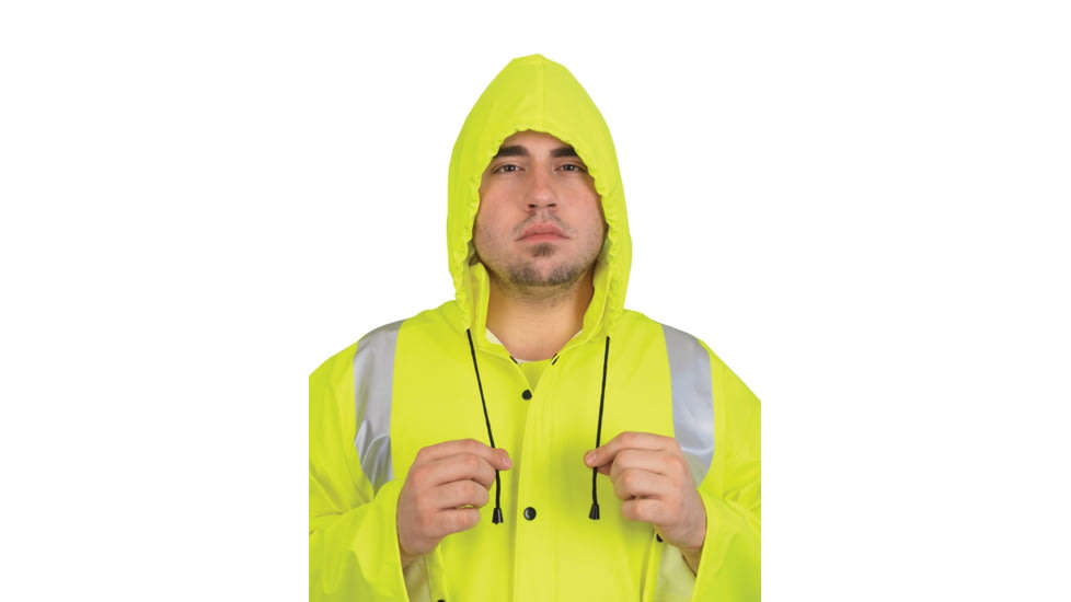 MCR Safety Luminator Hi Vis Long Waterproof Raincoat with Silver Reflective Stripes, .40mm PU/Cotton Poly, Blend Stretch, ANSI 107 Type R Class 3, Fluorescent Lime, XL, 518CXL
