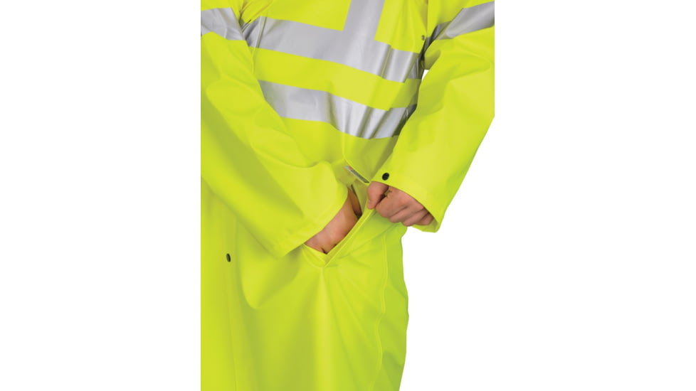 MCR Safety Luminator Hi Vis Long Waterproof Raincoat with Silver Reflective Stripes, .40mm PU/Cotton Poly, Blend Stretch, ANSI 107 Type R Class 3, Fluorescent Lime, XL, 518CXL