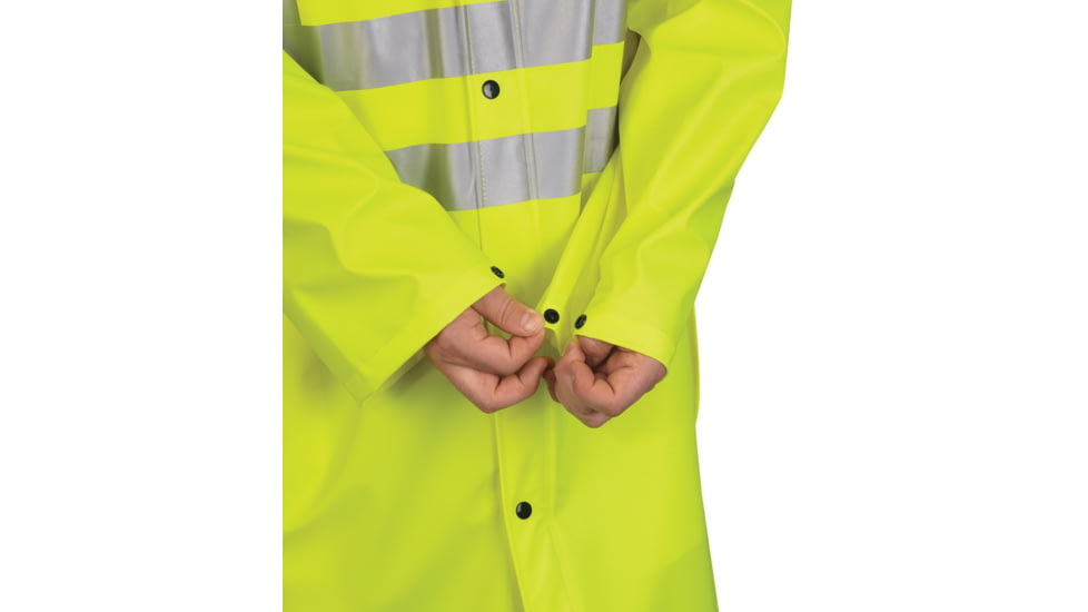 MCR Safety Luminator Hi Vis Long Waterproof Raincoat with Silver Reflective Stripes, .40mm PU/Cotton Poly, Blend Stretch, ANSI 107 Type R Class 3, Fluorescent Lime, XL, 518CXL