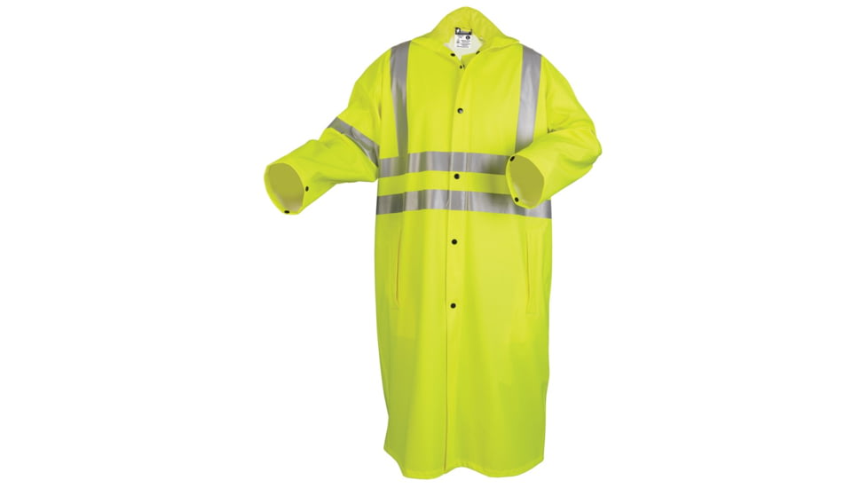 MCR Safety Luminator Hi Vis Long Waterproof Raincoat with Silver Reflective Stripes, .40mm PU/Cotton Poly, Blend Stretch, ANSI 107 Type R Class 3, Fluorescent Lime, XL, 518CXL
