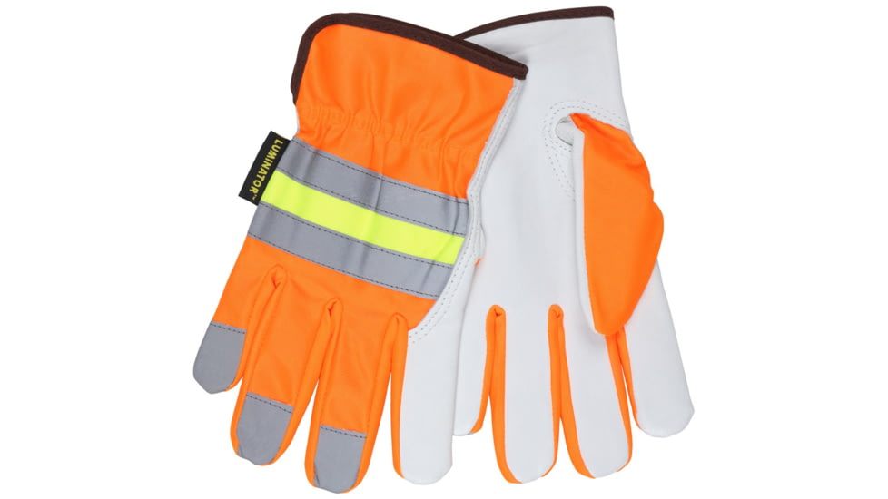 MCR Safety Luminator Leather Drivers Hi-Vis Work Gloves, Premium Grade Grain Goatskin, Hi-Vis Back with Reflective Stripes, White, Medium, 36111M
