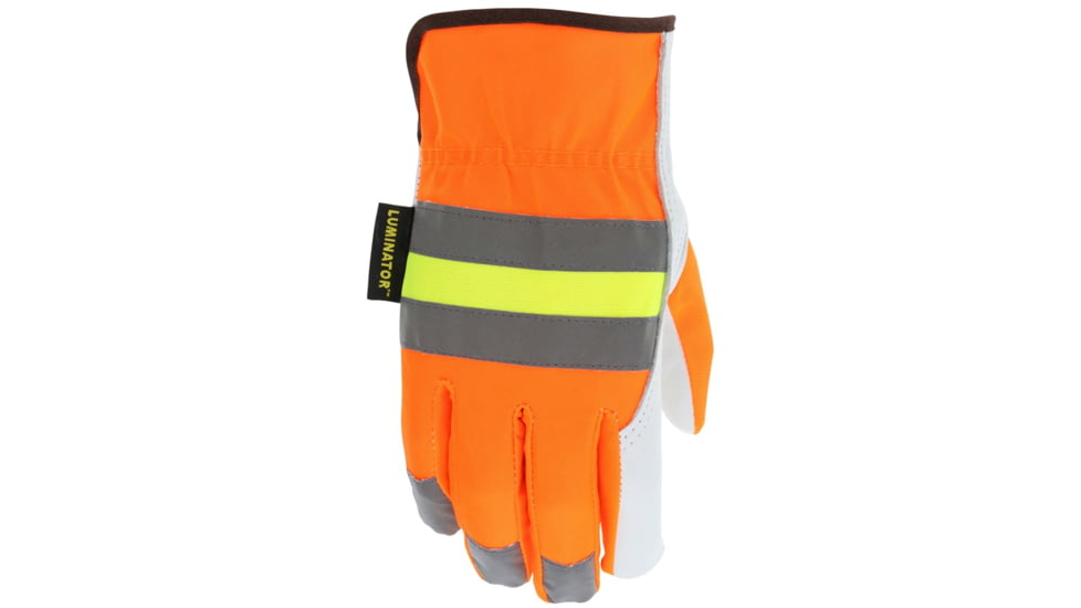 MCR Safety Luminator Leather Drivers Hi-Vis Work Gloves, Premium Grade Grain Goatskin, Hi-Vis Back with Reflective Stripes, White, Medium, 36111M