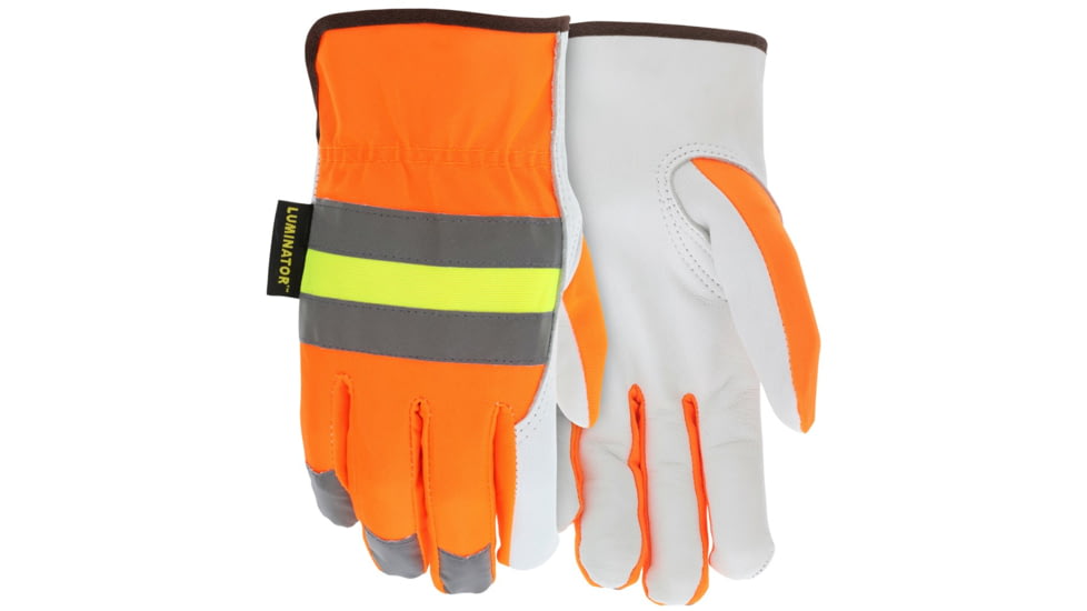 MCR Safety Luminator Leather Drivers Hi-Vis Work Gloves, Premium Grade Grain Goatskin, Hi-Vis Back with Reflective Stripes, White, Medium, 36111M