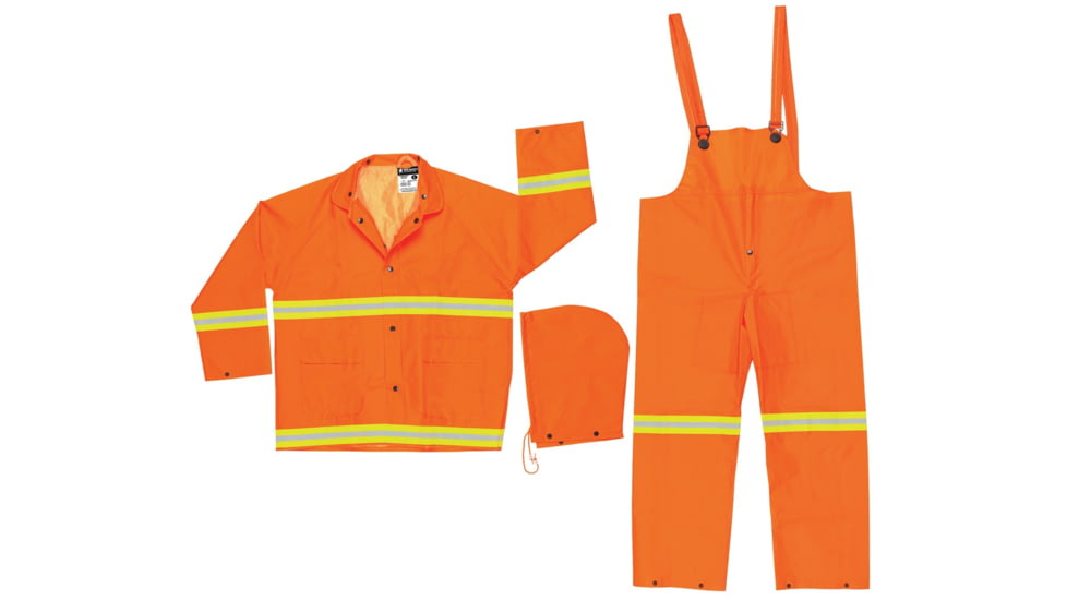 MCR Safety Luminator Series Reflective 3 Piece Waterproof Rain Suit, .35mm PVC/Poly, Orange, M, 2013RM