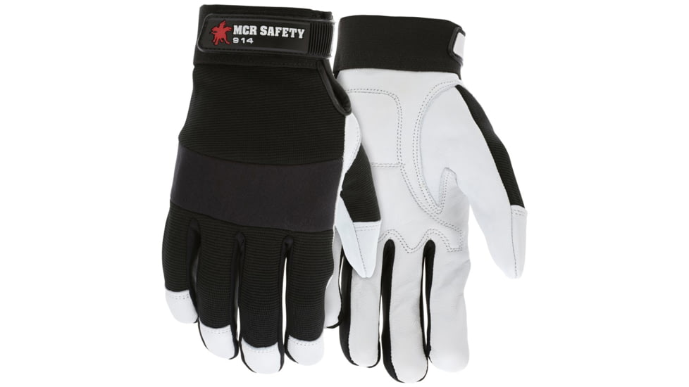 MCR Safety Mechanics Gloves Goatskin Padded Palm, Neoprene Knuckle Strap Spandex Back with Adjustable Hook and Loop Wrist Closure, White, XX - Large, 914XXL